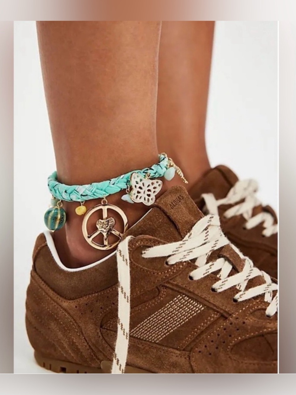 Free People NWOT Sky Charm Turquoise Bead Fabric Boho Adjustable Anklet - Picture 2 of 5